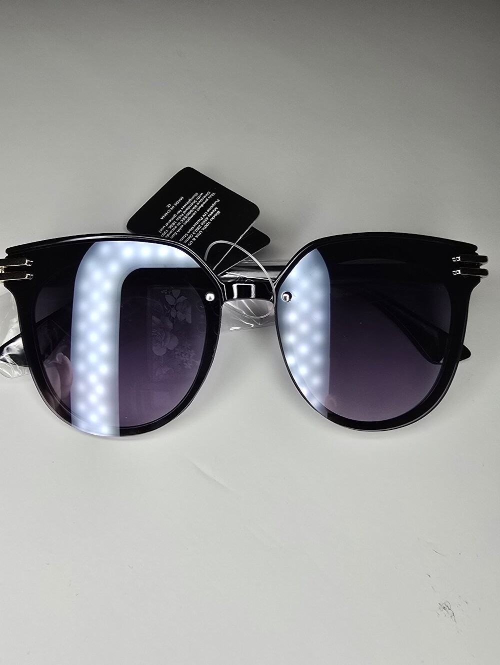 Womens Square Sunglasses Black Frame Dark Lens Gold Metal Accent NWT